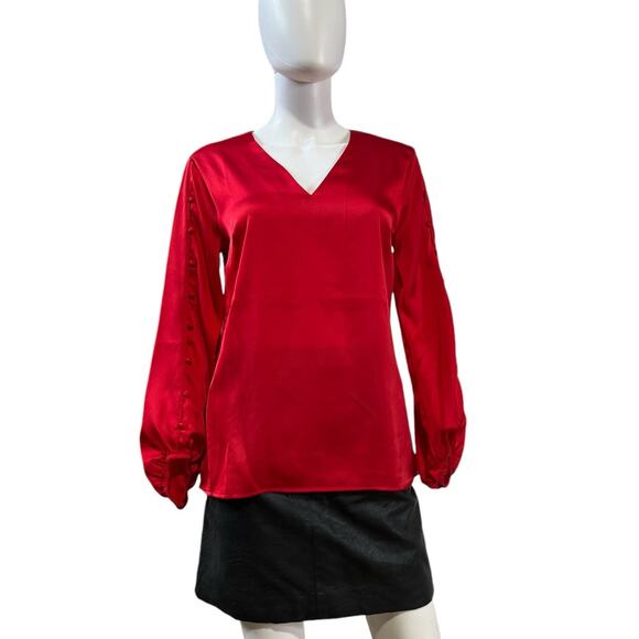 Banana Republic NWT Red Satin Button Sleeve V-Neck Blouse Size S - Picture 1 of 5